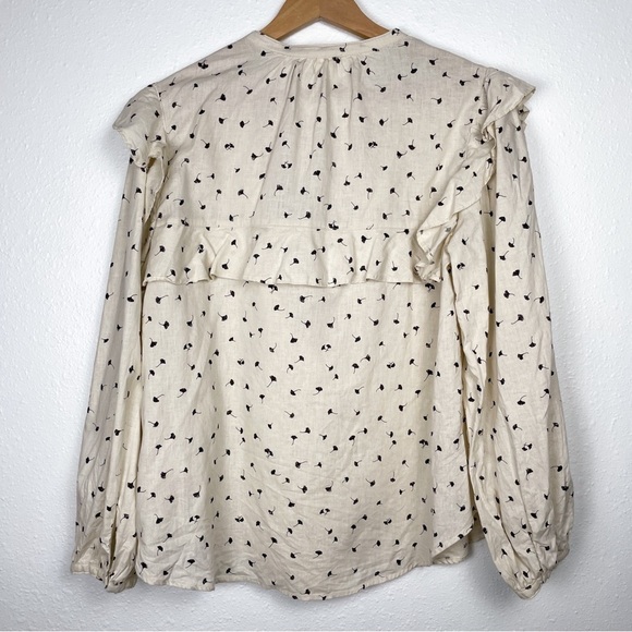 H&M Flounce-Trimmed Tan and Navy Floral Button Up Linen-blend Blouse Sz: L - Picture 7 of 9